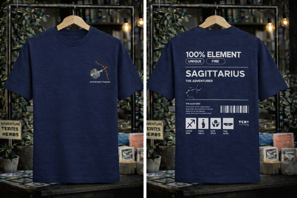 Navy blue t-shirt with zodiac design on a wooden hanger against a rustic background.