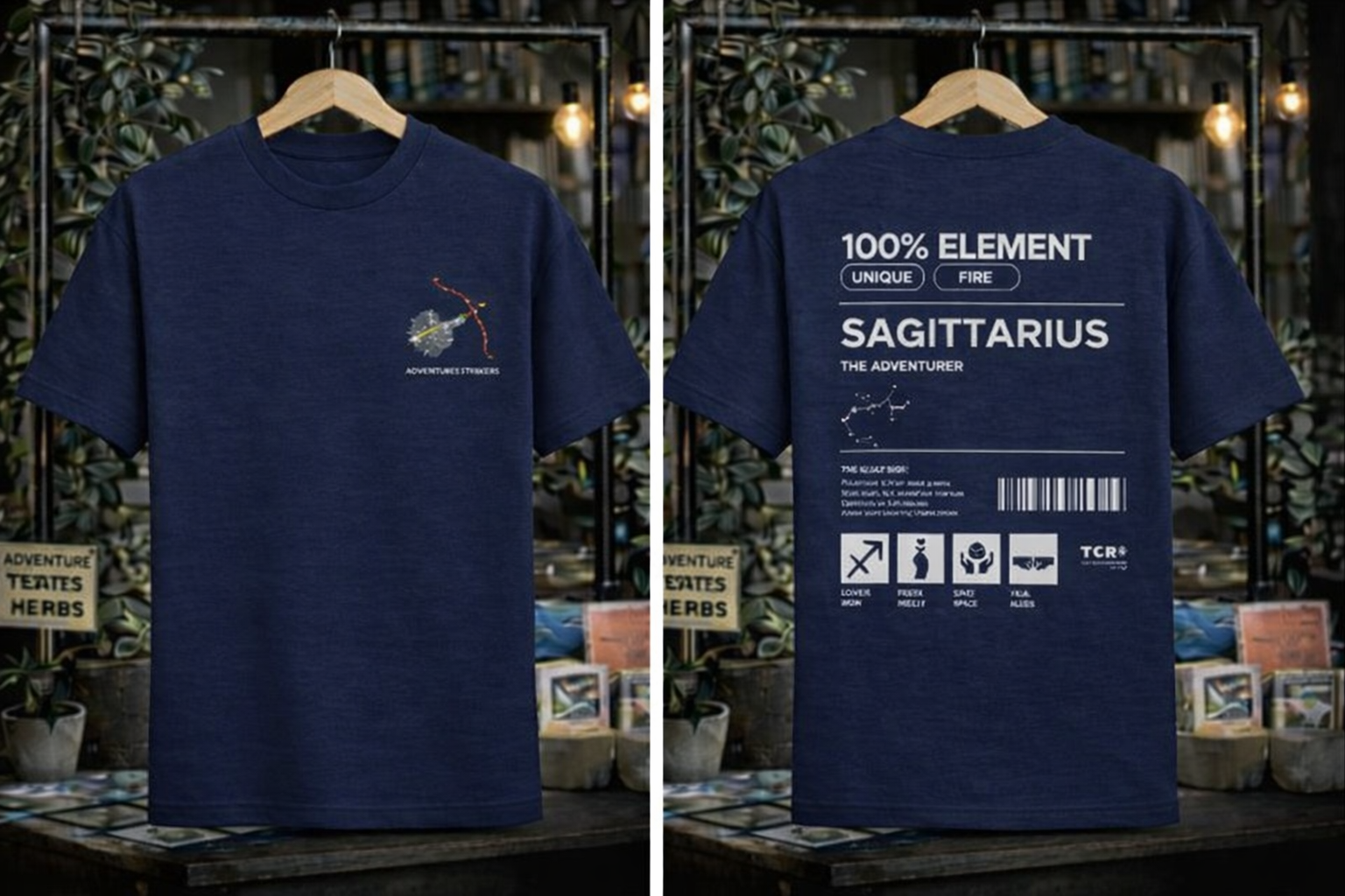 Navy blue t-shirt with zodiac design on a wooden hanger against a rustic background.