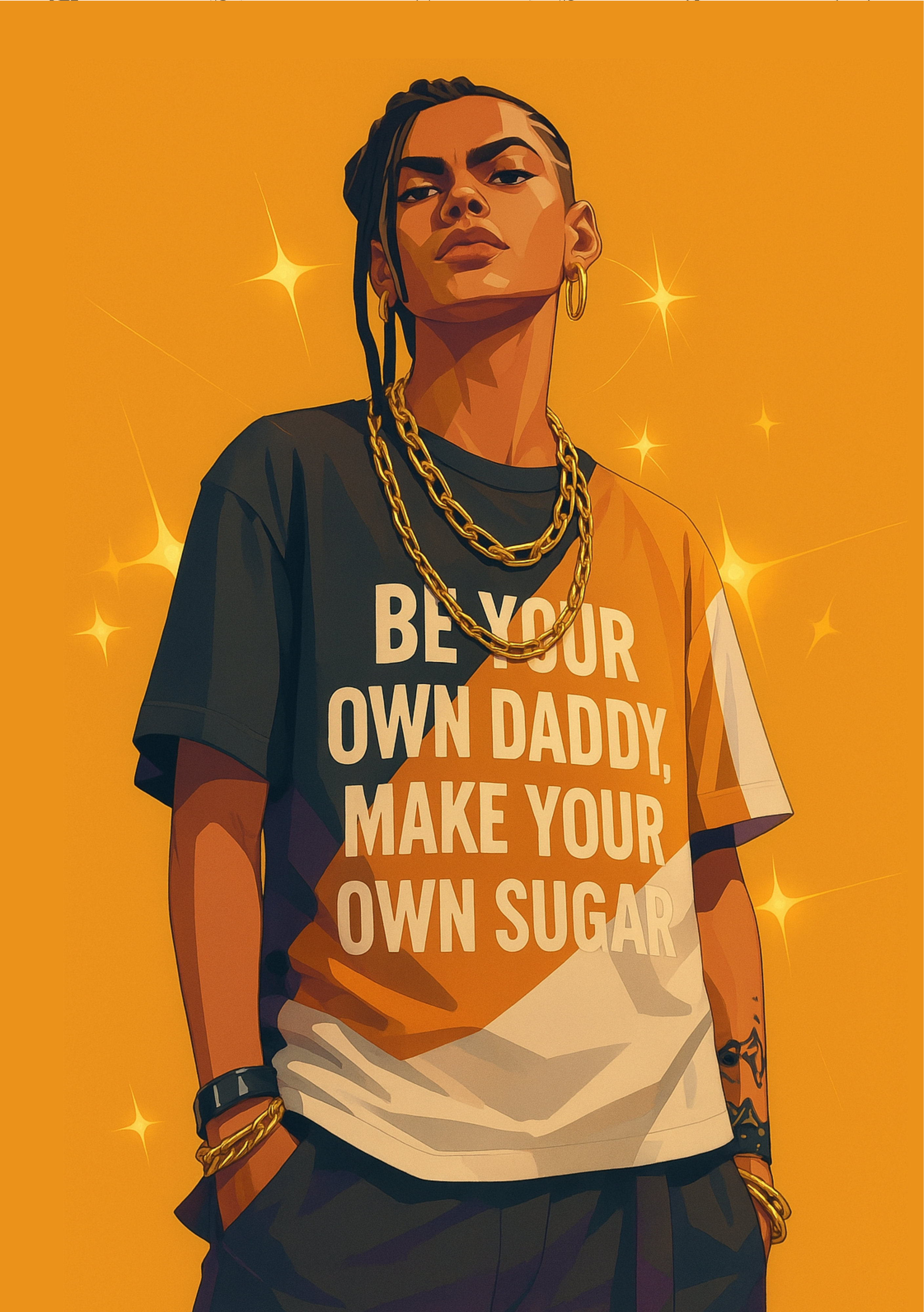 Person wearing a t-shirt with a motivational quote on an orange background