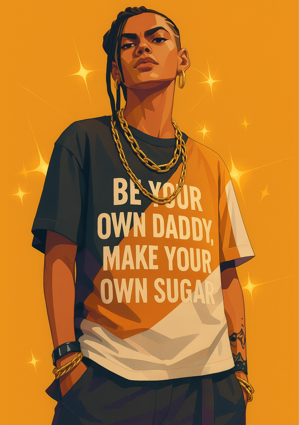 Illustration of a person wearing a t-shirt with motivational text on an orange background