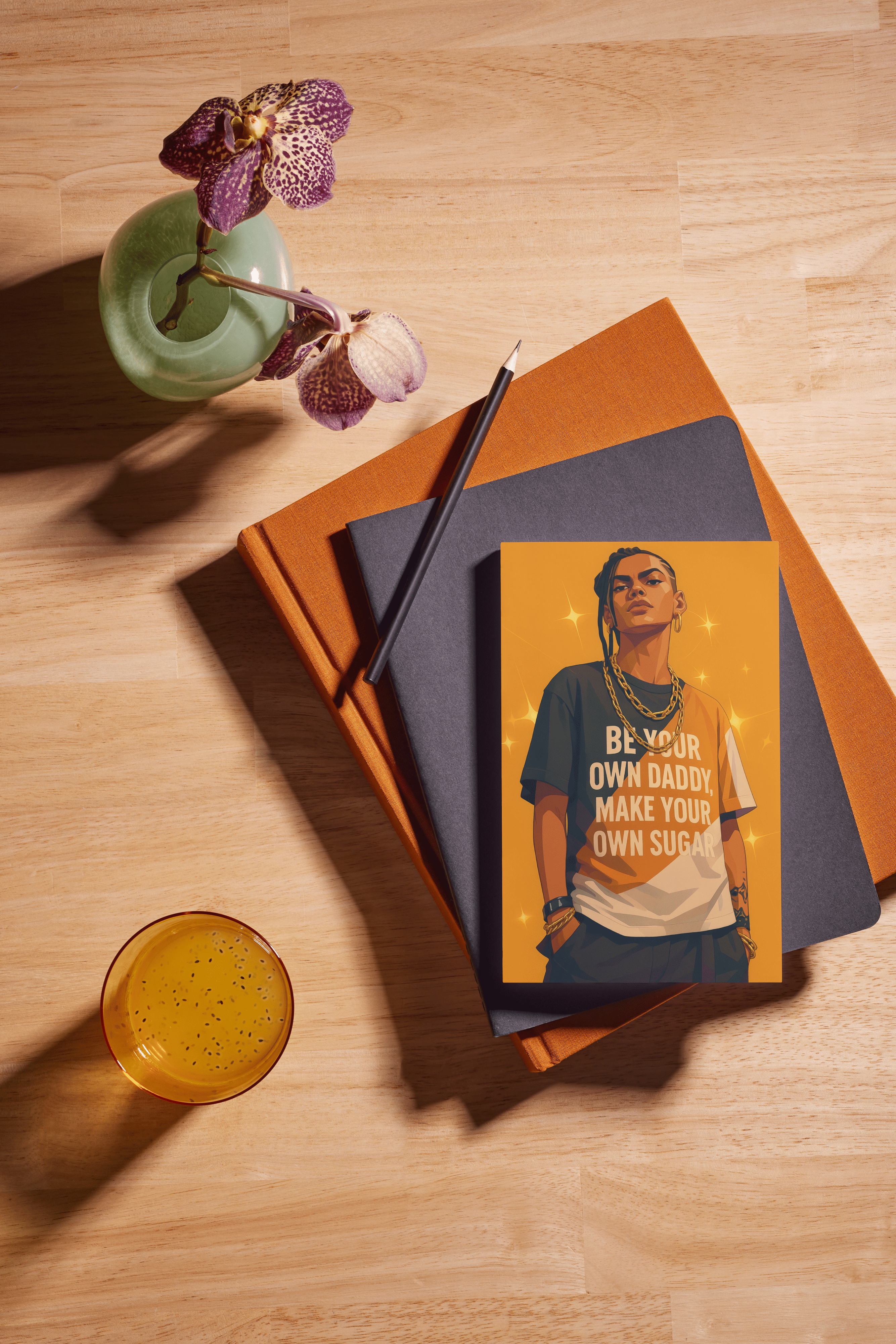 Notebooks with a motivational poster on a wooden surface with a drink and flowers.