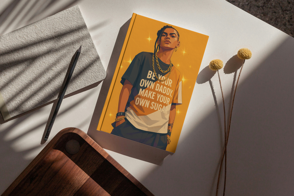 Book with a person on the cover featuring text, placed on a surface with a pen and plant.