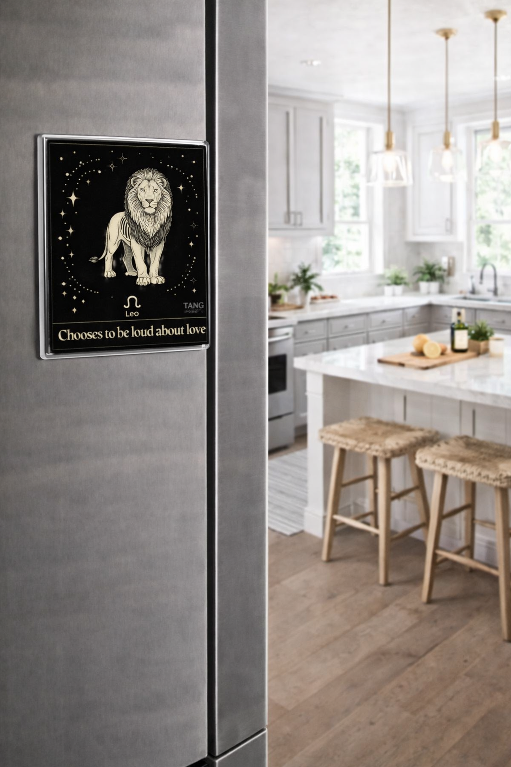 Framed zodiac poster of a lion on a refrigerator in a kitchen.