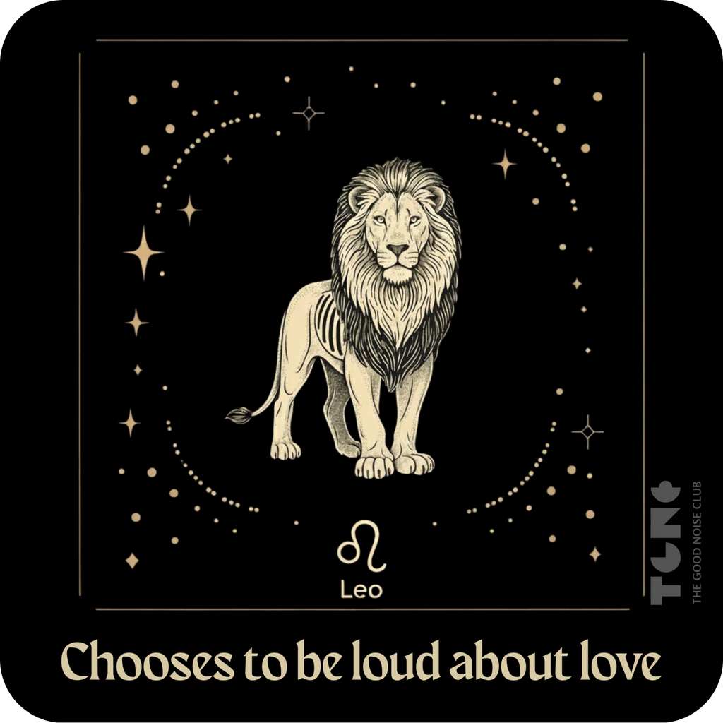 Leo zodiac sign illustration with a lion on a black background, featuring stars and the text 'Leo chooses to be loud about love'.