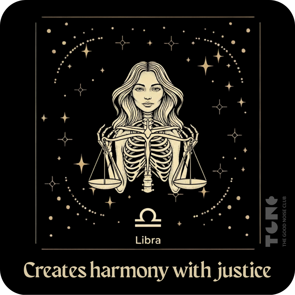 Libra zodiac sign illustration with a woman holding scales on a black background with stars.