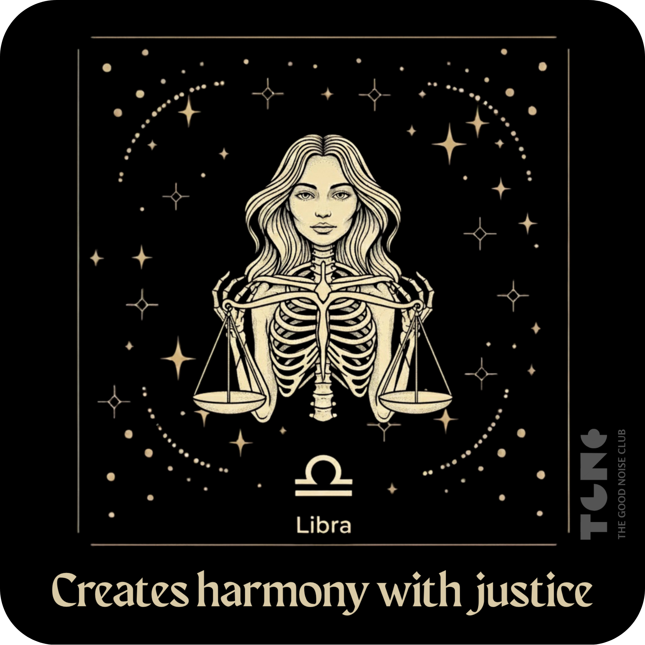 Libra zodiac sign illustration with a woman holding scales on a black background with stars.