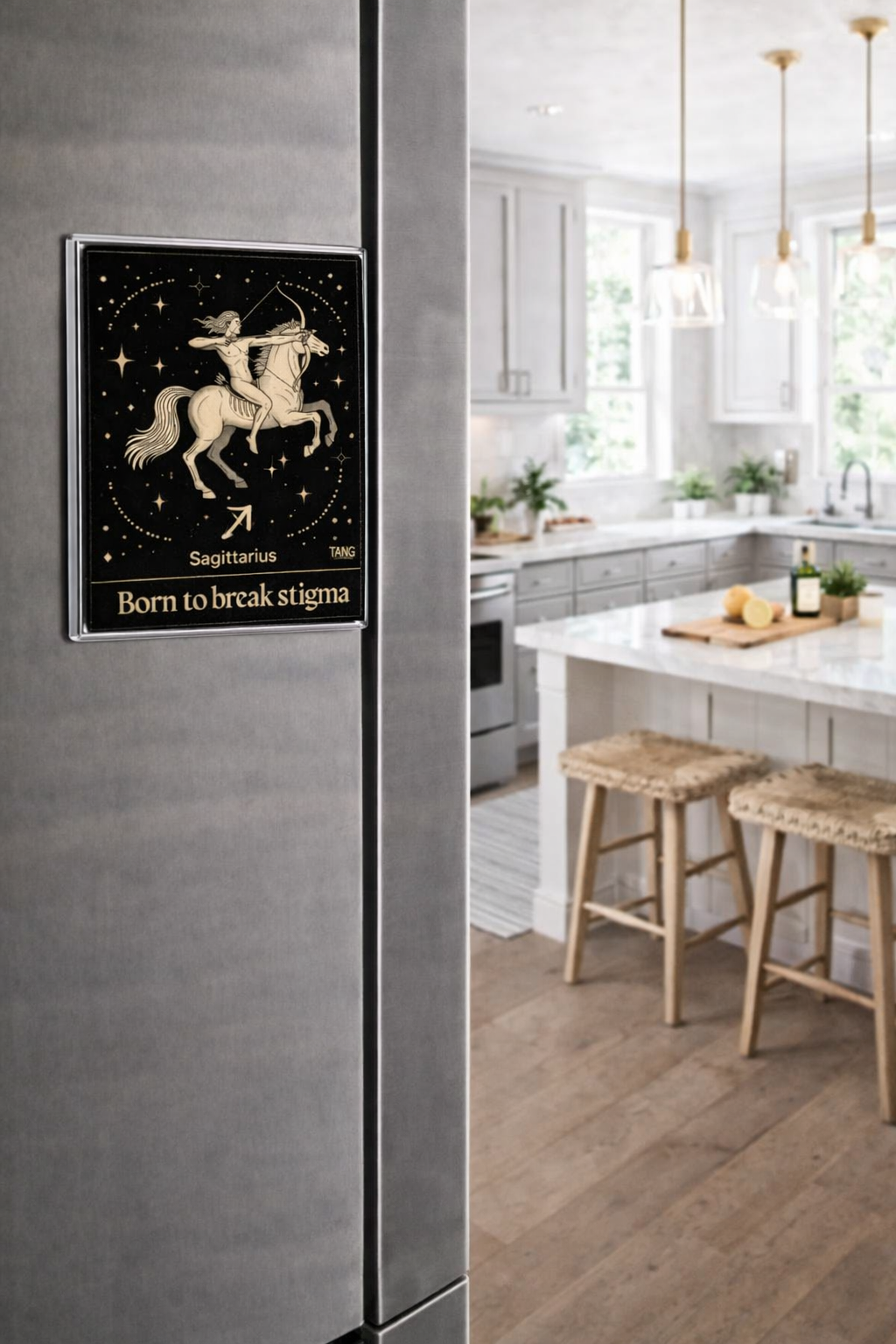 Framed Sagittarius zodiac sign poster on a kitchen wall
