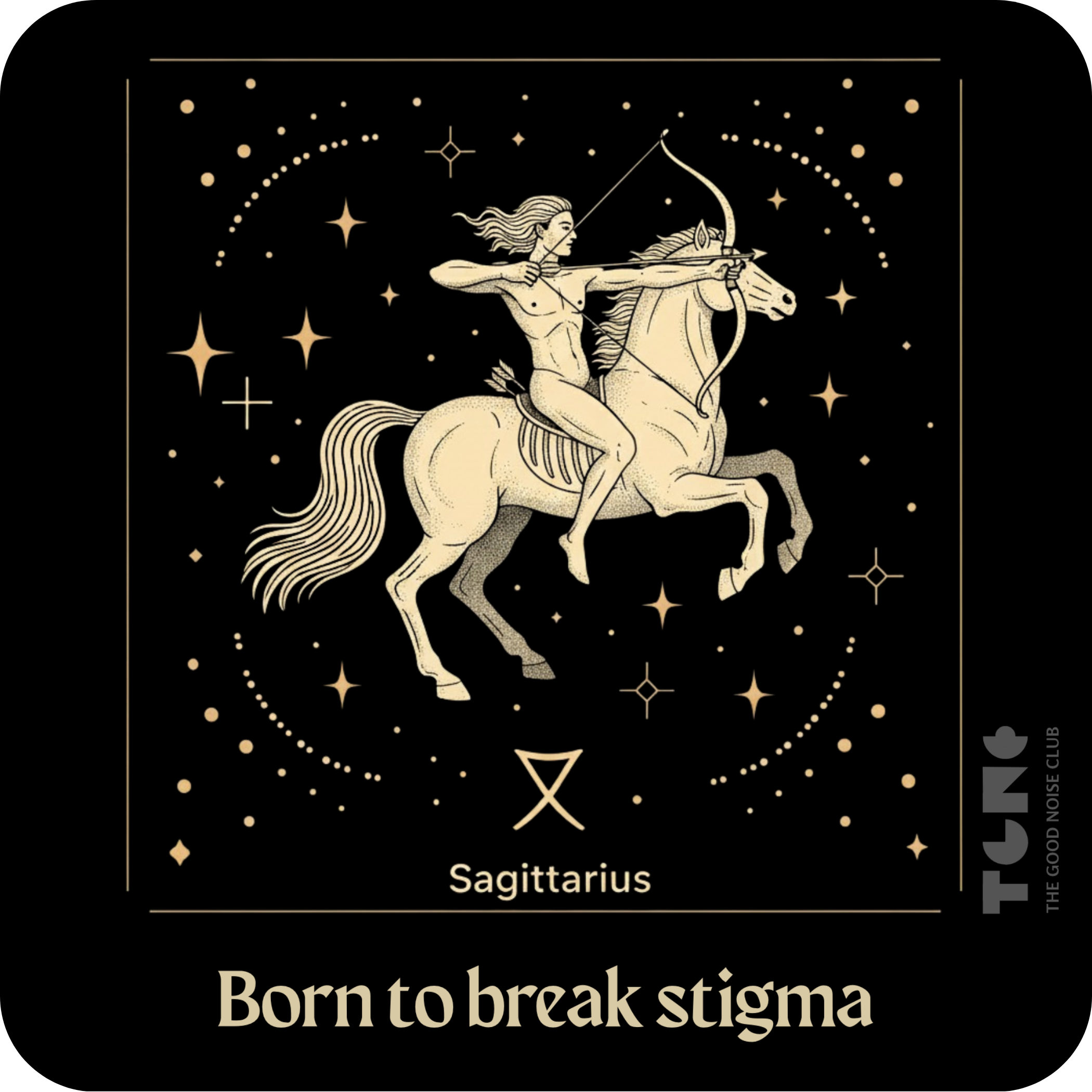 Sagittarius zodiac sign illustration with a woman on a horse, surrounded by stars and celestial elements, on a black background.