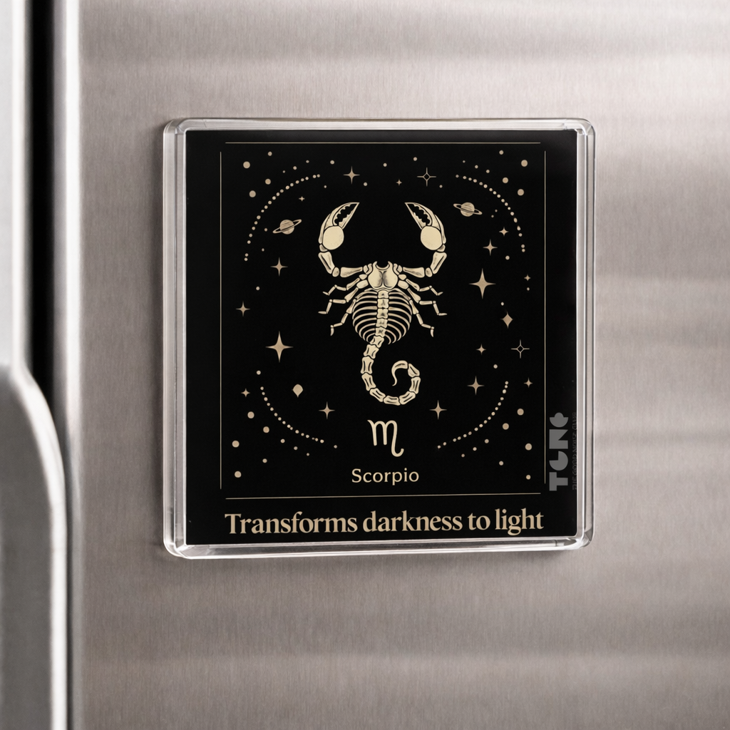 Scorpio zodiac sign magnet on a refrigerator with 'Transforms darkness to light' text.