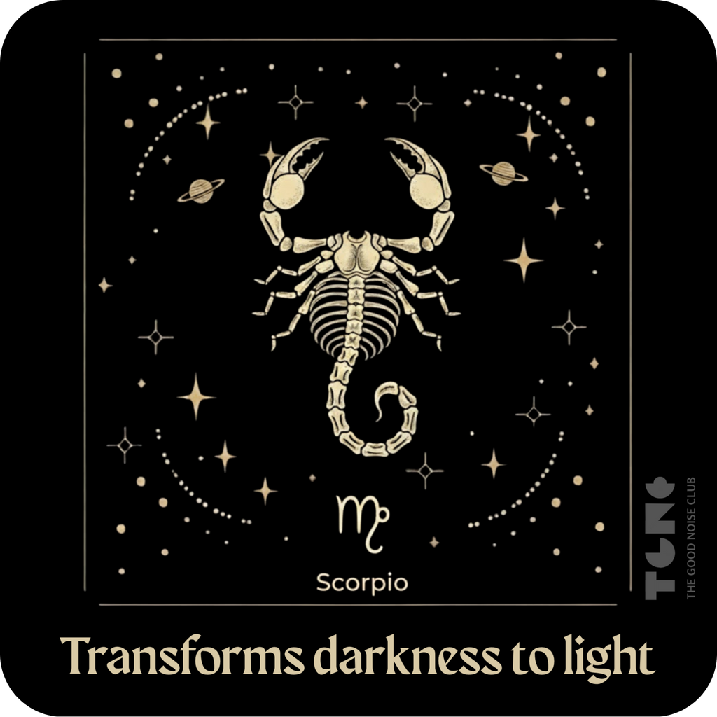 Scorpio zodiac sign with celestial elements on a black background