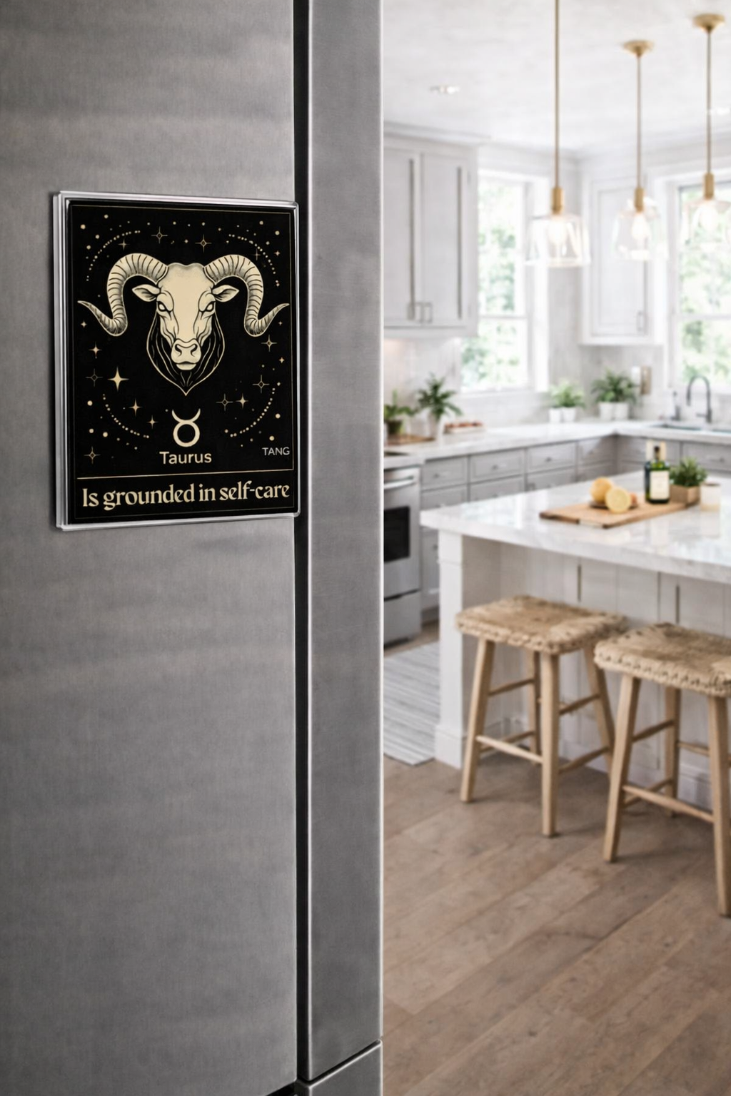 Framed Taurus zodiac poster on a kitchen wall with stools and a kitchen counter in the background.