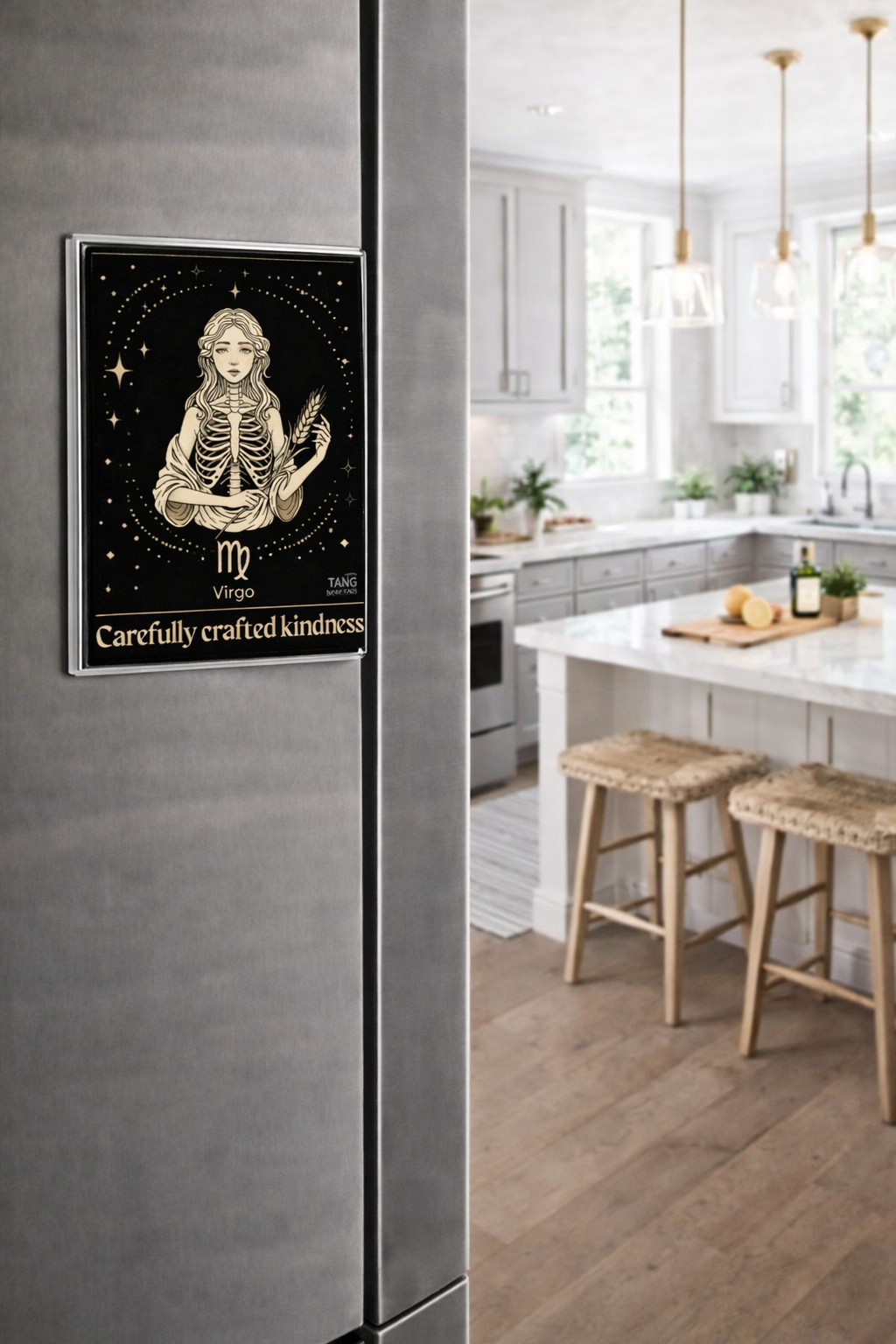 Magnet of a skeleton with text on a wall in a modern kitchen.