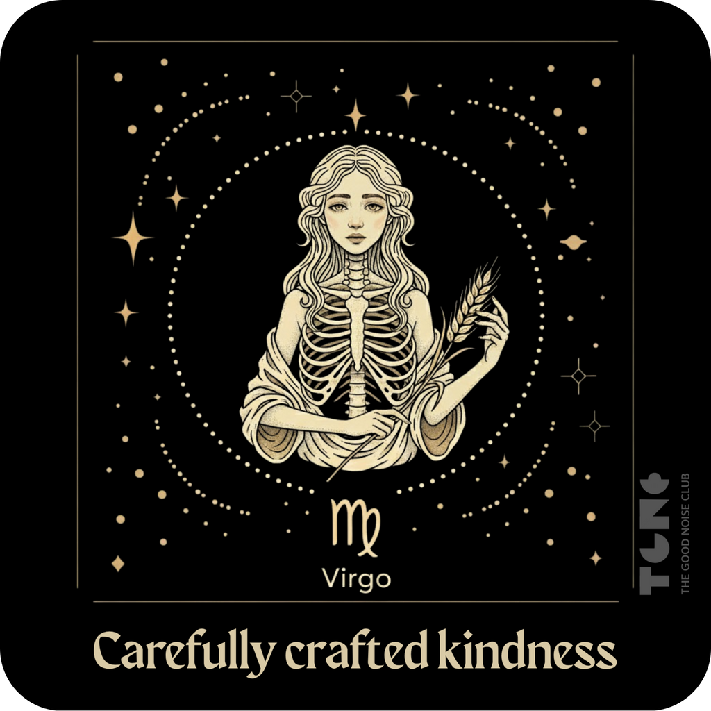 Illustration of Virgo zodiac sign with text 'Carefully crafted kindness' on a black background